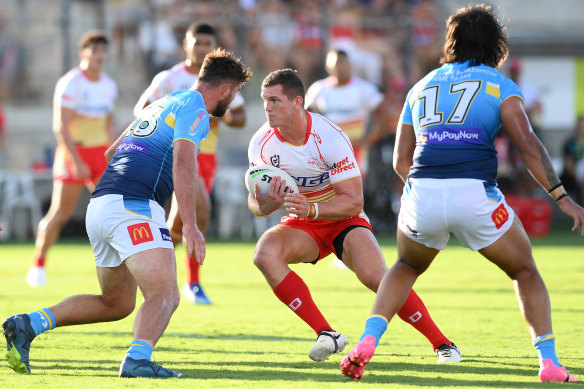 Tom Gilbert, pictured in the first trial against the Titans, left the field on Saturday in agony.