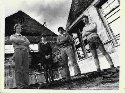Some students of Parramatta High Standing in the remains of Parramatta High School after it was burnt when vandals set fire to it. From left to right:
Graeme Berry, 18, Sigrid Kirk, 18, Mark Dirks, 17 and Danny Byrnes 17. August 16, 1982. 