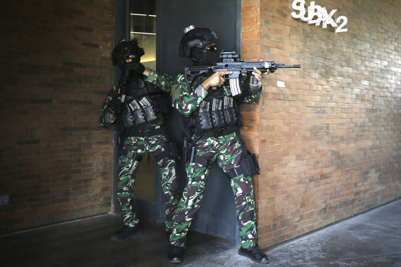 Indonesian special forces take part in an anti-terror security drill as part of preparations for the G20 summit in Bali.