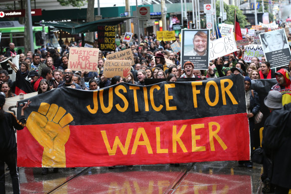 A protest taking place on November 13, 2019 in Melbourne over the death of Kumanjayi Walker – the same day Constable Zach Rolfe was charged with his murder.