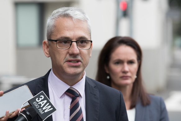 Acting Police Minister Danny  Pearson and COVID-19 Quarantine Victoria Commissioner Emma Cassar at the Four Points by Sheraton hotel in Docklands on Wednesday.