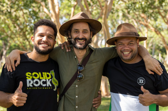 From left: Jaxon De Santis, Laurens Goud and Justin Grant journeyed across various communities in the NT exploring what local people in remote areas thought of the Voice proposal.
