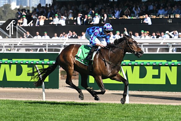 Pride Of Jenni wins the Empire Rose Stakes at Flemington on Derby Day.