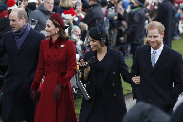 Prince William, Kate, Duchess of Cambridge, Meghan and Prince Harry, pictured together in December 2018. 