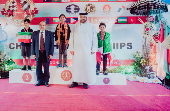 The presentation ceremony for Rheyansh Annapureddy (centre) winning the Asian Youth Chess Championships Under 8 section in October.