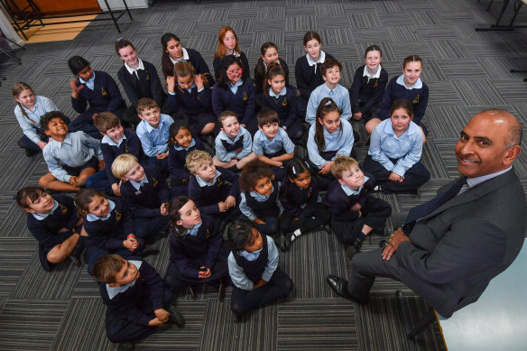 All the students of St Kevin's Primary School with their principal Nigel Rodrigues 