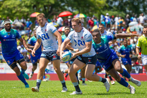 Max Jorgensen takes on the Drua defence in Fiji at the weekend.
