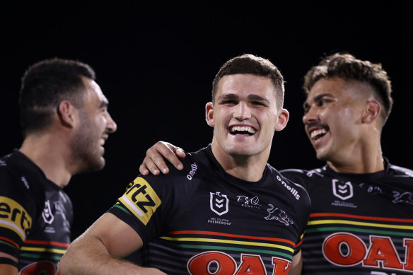 Laurie (right) shares a laugh with Nathan Cleary (centre) and Tyrone May last year.