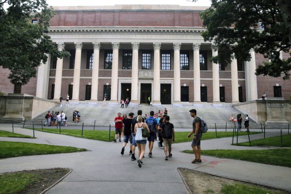 Harvard students near the Cambridge campus’ Widener Library. Ivy League colleges are doing little to enhance equality.