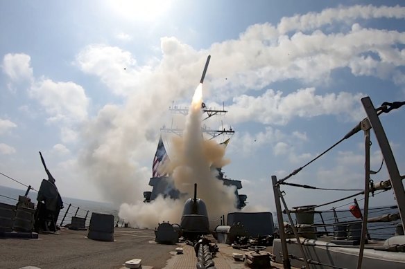A missile is launched from a US Navy ship partaking in Operation Epic Fury.