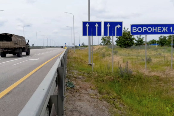 Part of a Wagner convoy on the M4 highway, which links the capital Moscow with Russia’s southern cities.