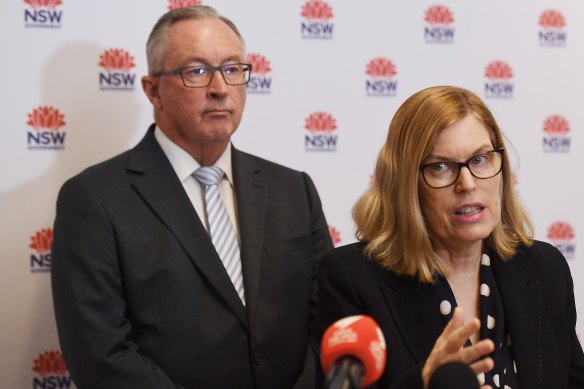 NSW Health Minister Brad Hazzard and NSW Chief Health Officer Dr Kerry Chant at a press conference in Sydney on Monday. 