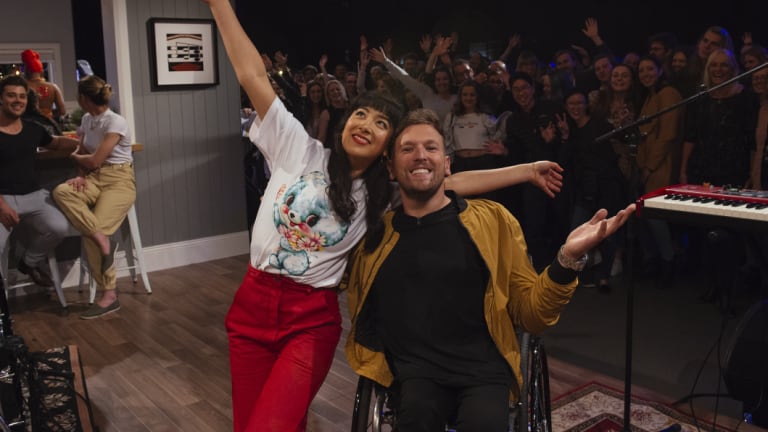 Linda Marigliano and Dylan Alcott on the set of The Set.