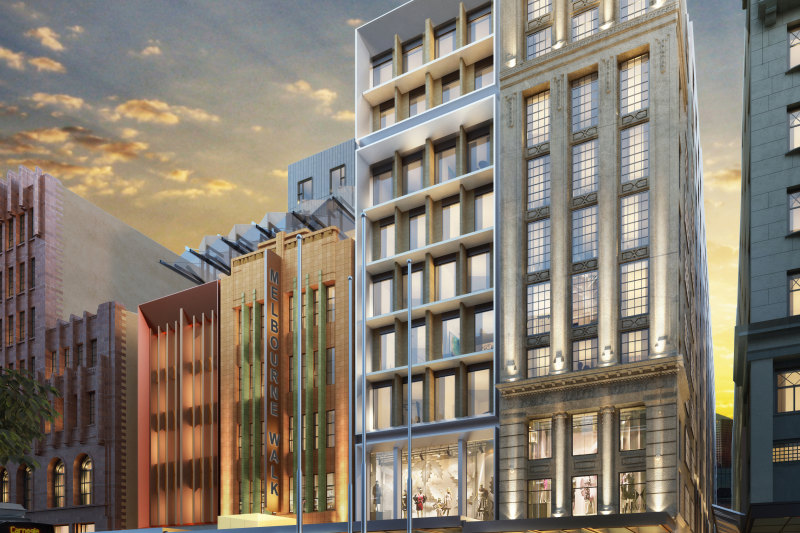 An artist’s impression of the Bourke Street Mall end of the dual hotel development.