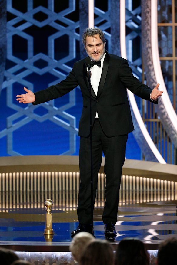 Joaquin Phoenix accepting the award for best actor in a motion picture drama for his role in Joker.