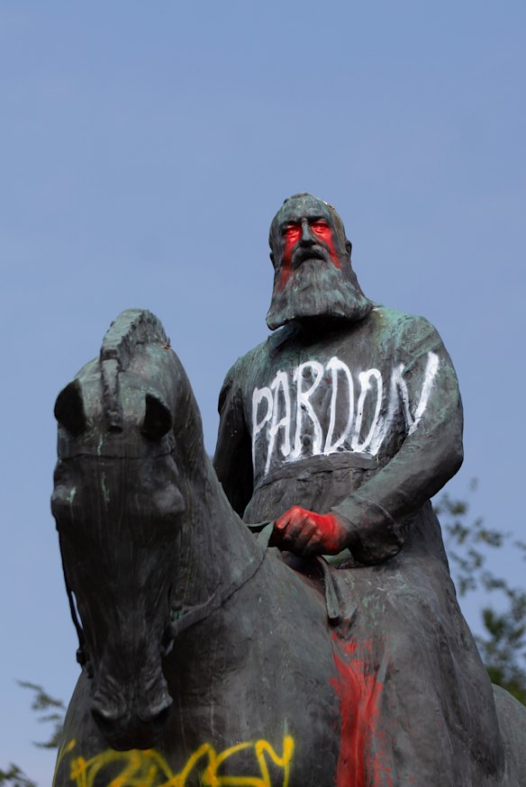 A statue of King Leopold II in Brussels earlier this month. 