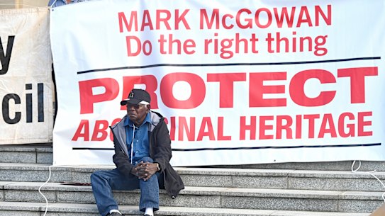 Bardi Jawi elder Frank Davey at a Kimberley Land Council protest on the steps of parliament house in June.