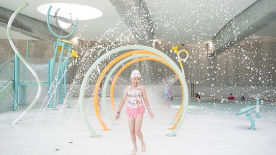 Sienna Yip, 9, trials the children’s splash play area at Parramatta Aquatic Centre.