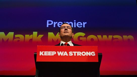 WA Premier Mark McGowan speaking at Labor’s campaign launch at RAC Arena. 