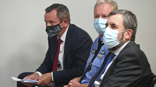 WA Premier Mark McGowan, deputy police commissioner Gary Dreibergs and Chief Health Officer Andy Robertson after the premier announced a delay to the state’s borders opening.