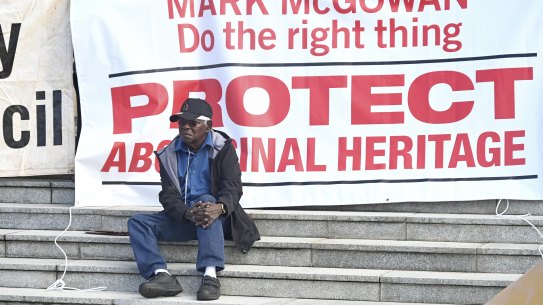 Bardi Jawi elder Frank Davey at a Kimberley Land Council protest on the steps of parliament house in June.