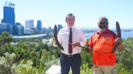 Mark McGowan and Noongar cultural tours operator Walter McGuire at Kings Park for the announcement of a $217 million tourism package.