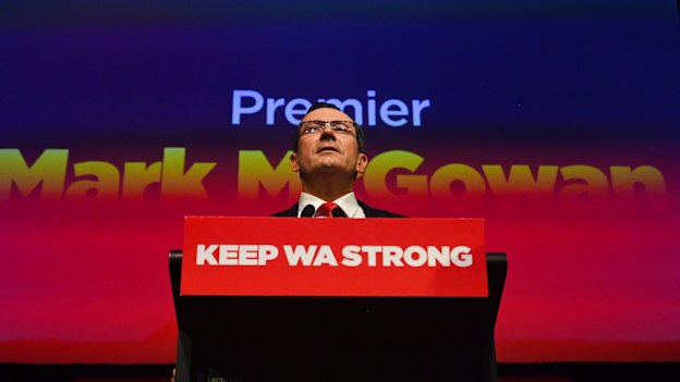 WA Premier Mark McGowan speaking at Labor’s campaign launch at RAC Arena. 