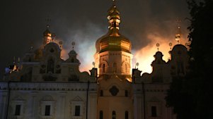 The roof of the Dormition Cathedral of the Kyiv-Pechersk Lavra burns.