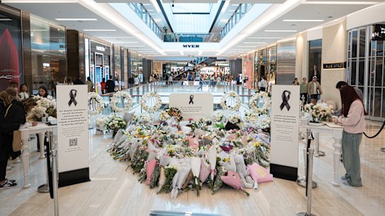 Flowers at the memorial site during the reopening of the Westfield Bondi Junction shopping centre in Bondi last year.