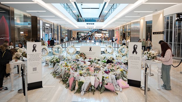 Flowers at the memorial site during the reopening of the Westfield Bondi Junction shopping centre in Bondi last year.