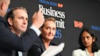 CBA’s Matt Comyn, left, with Qantas’ Vanessa Hudson, and Macquarie’s Shemara Wikramanayake, right, at the Business Summit on Tuesday. morning.