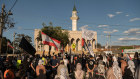 Protesters at the mosque in Lakemba in Sydney on Monday evening.