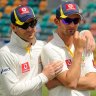 Michael Clarke consoles Nathan Lyon after the 2011 Hobart loss to New Zealand.