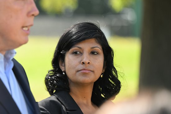 Liberal Aston candidate Roshena Campbell, right, speaking to the media alongside Opposition Leader Peter Dutton last month. 