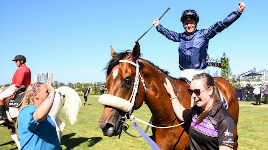James McDonald celebrates the win on his “superstar” Home Affairs.
