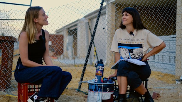 Emma Pegrum (left) and Kate Hulett (right) record their A Piece of Kate podcast in Treeby, in the federal electorate of Fremantle.