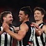 Scott Pendlebury of the Magpies celebrates kicking a goal.
