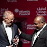 Prime Minister of Papua New Guinea James Marape presents Prime Minister Anthony Albanese with an Atlantic Council Global Citizen Award.