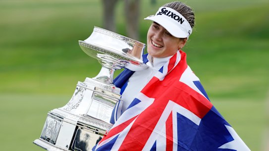 Hannah Green celebrates her triumph in the Women's PGA Championship.