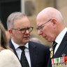 Prime Minister Anthony Albanese chats to Governor-General David Hurley at the state funeral for former Governor-General and Labor leader Bill Hayden.