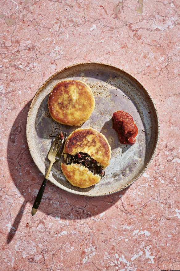 Stuffed potato cakes with tomato-chilli relish.