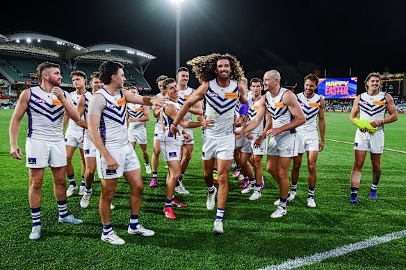 The Dockers, led by captain Alex Pearce who made a match-winning smother late in the game, celebrate victory over the Crows at Adelaide Oval. With three wins in a row under their belts, Fremantle could sense something big was brewing...