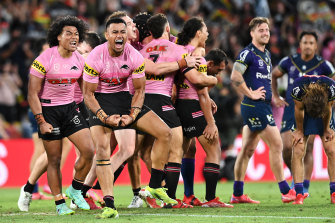 Mt Druitt residents Brian Toâo and Stephen Crichton were animated after their win against Melbourne. 