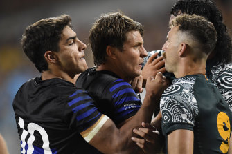 Argentina players during a heated scuffle in their 27-8 loss to the Wallabies on Saturday. 