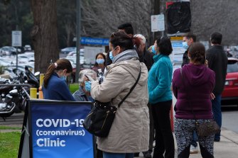 People queue outside a coronavirus testing clinic at Concord Repatriation General Hospital mid-August 