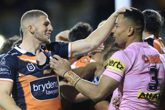 Adam Doueihi taunts Stephen Crichton during their last clash at Leichhardt Oval.