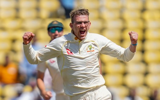 Australia’s Todd Murphy celebrates dismissal of India’s Virat Kohli during the second day of the first cricket test match.
