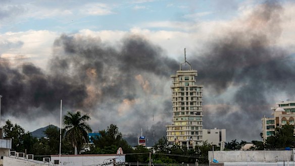 Smoke from burning cars rises in Culiacan, Mexico. 