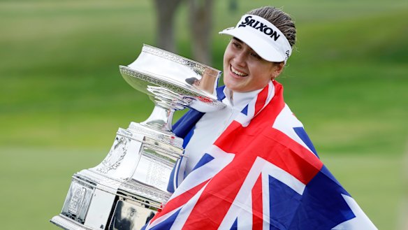 Hannah Green celebrates her triumph in the Women's PGA Championship.