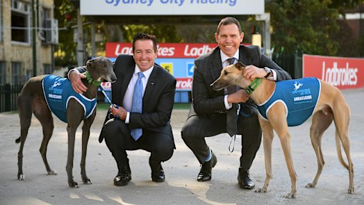 NSW Racing Minister Paul Toole and Greyhound Racing NSW CEO Tony Mestrov announce the big-money deal in July.